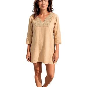 MALVIN HAMBURG LINEN Shift DRESS Crocheted V-Neck Coral Women’s Siz…